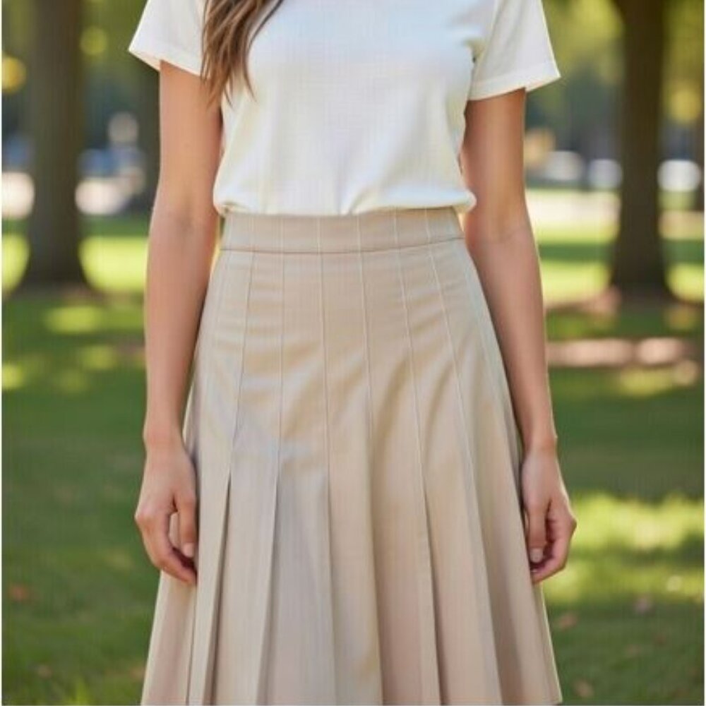 Lena Gabrielle NY pleated skirt knife-pleat khaki, beige,  A-line swing boho
